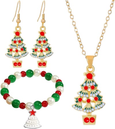 Set van kerstboom oorbellen, ketting en armband voor vrouwen en meisjes, feestelijke kerstjuwelen, perfect als cadeau voor vrienden en familie