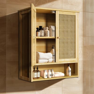 LabelOne Badkamerkast - Wandkast - Medicijnkastje - Bamboe Kast - 3 planken - 2 deuren - magnetische sluiting - 59×20,5×66,5 cm