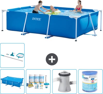 Intex Rechthoekig Frame Zwembad - 300 x 200 x 75 cm - Blauw - Inclusief Solarzeil - Onderhoudspakket - Zwembadfilterpomp - Filter - Schoonmaakset - 6-delig