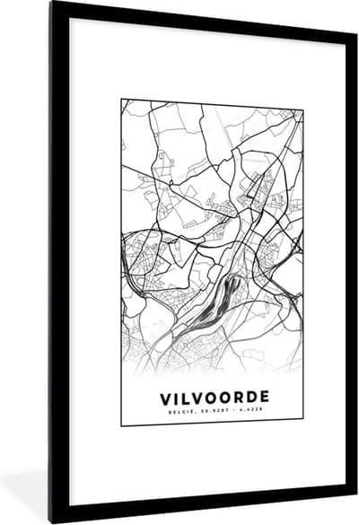 Fotolijst incl. Poster Zwart Wit- Stadskaart – Plattegrond – België – Zwart Wit – Vilvoorde – Kaart - 80x120 cm - Posterlijst