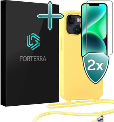 Hoesje Geschikt voor iPhone 13 Mini Case Siliconen Hoes Met Koord Met 2x Screenprotector - Hoes Geschikt voor iPhone 13 Mini Met Telefoonkoord Hoesje Backcover - Geel