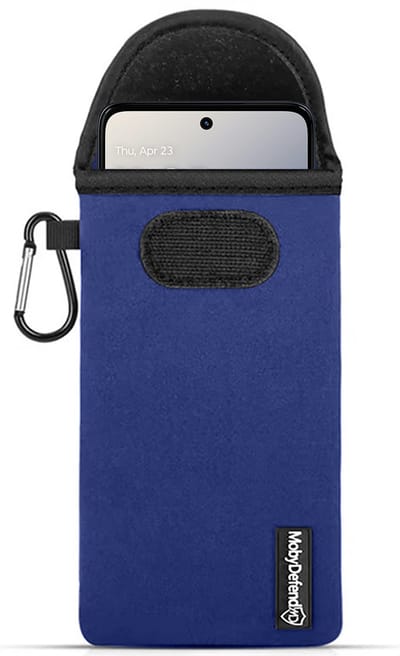MobyDefend Hoesje - Geschikt voor Motorola Moto G56 - Neopreen Pouch Met Karabijnhaak - Insteek - Riemlus - Blauw