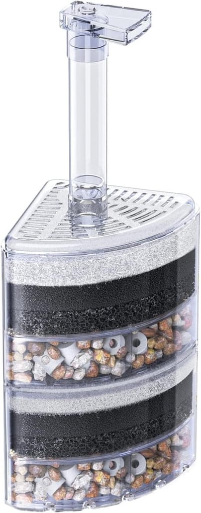 Hoek sponsfilter voor aquarium, stil ontwerp voor jonge vissen, garnalen en kleine vissen, biofoam filter met natuurlijke stenen, grind en keramische ringen voor optimale filtratie en waterkwaliteit