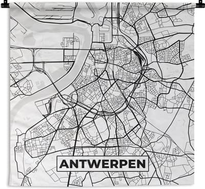 Wandkleed - Wanddoek - België – Antwerpen – Stadskaart – Kaart – Zwart Wit – Plattegrond - 180x180 cm - Wandtapijt