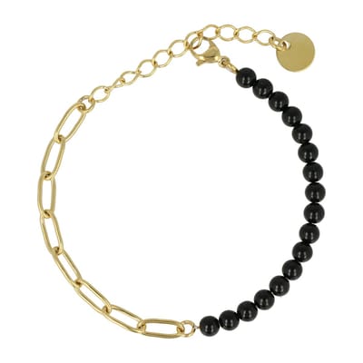 My Bendel - Combi Schakelarmband Goudkleurig Onyx Edelsteen - Goudkleurige Schakelarmband met Onyx Edelstenen - met Luxe Cadeauverpakking | Sieraden Voor Dames