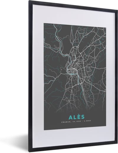 Fotolijst incl. Poster - Alès - Plattegrond - Kaart - Stadskaart - Frankrijk - 40x60 cm - Posterlijst