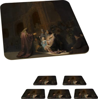 Onderzetters voor glazen - Het loflied van Simeon - Schilderij van Rembrandt van Rijn - 10x10 cm - Glasonderzetters - 6 stuks