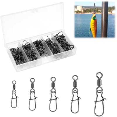Dailygoods - 100 stuks wervelvissen, rollende viswervel met karabijnhaak, roestvrij stalen viswervelset, forelvissen, wervelkarabijnhaken, voor visaas, visaccessoires (5 maten 4# 6# 8# 10# 12#)