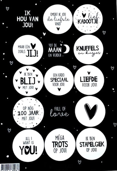 Stickers Liefde - Stickervel - Sluitsticker - Speciaal - Trots - 15 Assorti - Sluitzegel - Zwart / Wit - Cadeau - Kaart - Cadeau – Gift – Cadeauzakje | Valentijn - 14 februari - Feestje - Hartjes | Moederdag | Vaderdag | Partner | Romantisch