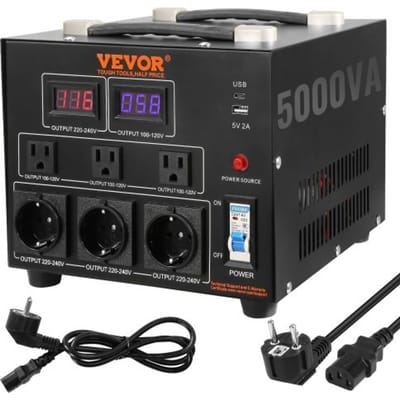 VEVOR 5000W spanningsomvormer AC 110V⇋220V transformatoromvormer 3x Amerikaanse NEMA 5-15R 3-pins / 3x Europese Shucko-uitgangsaansluitingen, 1x 5V USB-poort en 1x Type-C-aansluiting