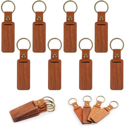 Houten sleutelhangers, 8 stuks, onbewerkte sleutelhanger, gepersonaliseerde sleutelhanger van hout en leer, hanger met sleutelring, houten knutselen voor lasergravure, doe-het-zelf