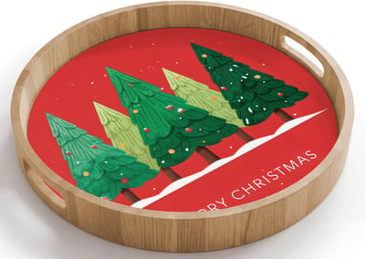 Dienblad rond 40x40 cm - Schootdienblad hout - Minimalistisch - Kerstbomen - Rood - Sneeuw - Borrelplank rechthoek - Plateau houten dienbladen