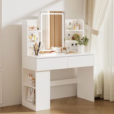 Sierra, kaptafel met Verstelbare LED Verlichting en grote spiegel, Make-up Tafel met 2 grote laden, zijopslag, 4 open compartimenten, 3 lichtsterktes,moderne slaapkamers,kleedkamers