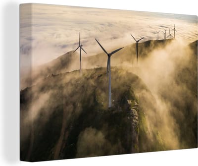 Canvas schilderij 150x100 cm - Wanddecoratie Windmolenpark in de mist - Muurdecoratie woonkamer - Slaapkamer decoratie - Kamer accessoires - Schilderijen