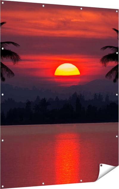 Gards Tuinposter Zonsondergang op het Strand met Palmbomen - 120x160 cm - Tuindoek - Tuindecoratie - Wanddecoratie buiten - Tuinschilderij