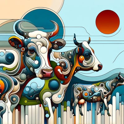 Modern koeien schilderij | Koeien in een hedendaagse artistieke interpretatie van de moderne wereld | Kunst - 30x30 centimeter op Dibond | Foto op Dibond