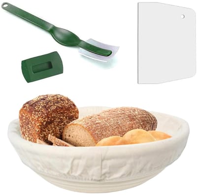 Dailygoods- Fermentatie Mand Ø 25 cm - Rijsmand - Broodmand - Handgemaakt - Inclusief deegschraper en broodmes - Hoogte 8,5 cm