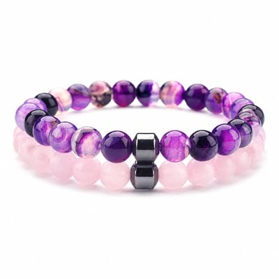 XYZ Goods Armband Dames Roze & Paars - Rozenkwarts & Amethist - 2 Stuks - Natuursteen - 19CM