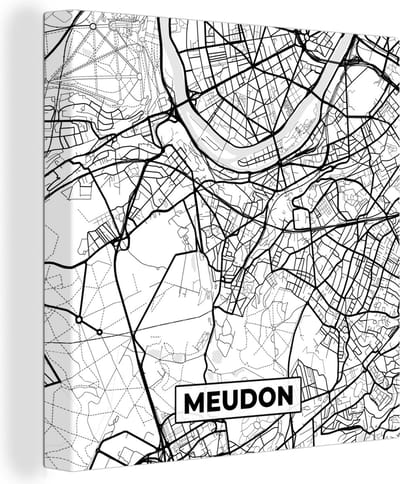 Canvas Schilderij Plattegrond - Meudon - Kaart - Frankrijk - Stadskaart - Zwart wit - 20x20 cm - Wanddecoratie