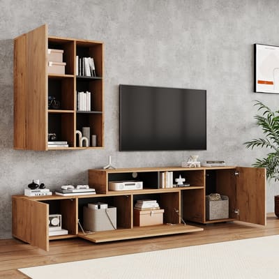 MIVRAY Tv Meubel Set - Verstelbare Opbergcombinatie Met Wandkast - Voor Woonkamer - Spaanplaat Eiken Zwart - 174-265 Cm