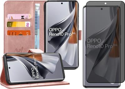 Hoesje geschikt voor Oppo Reno 10 / 10 Pro - Privacy Screenprotector Volledig Dekkend Glas - Portemonnee Book Case Rosegoud