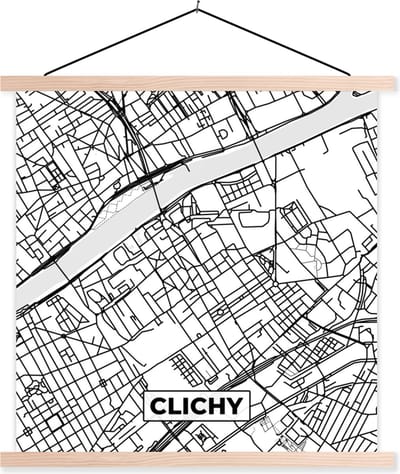 Posterhanger incl. Poster 40x40 cm - Schoolplaat - Frankrijk - Clichy - Kaart - Plattegrond - Stadskaart - Zwart wit - Textielposter - Blanke latten - Stadskaart