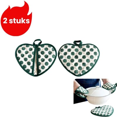 2-delige - Hittebestendige handschoenen voor bakken en koken - Dubbellaags verdikte katoenen hartvormige handclips - Warmte-isolatiemat - Onderzetter - Groen