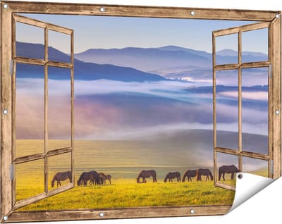 Gards Tuinposter Doorkijk Kudde Wilde Paarden in de Wei bij Heuvels - 120x80 cm - Tuindoek - Tuindecoratie - Wanddecoratie buiten - Tuinschilderij