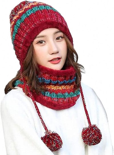Sjaals - Gebreide muts en sjaalset voor dames - Winterwarmte - Verdikte gehaakte pluche pompon - Muts - Outdoor skiën - Snowboarden - Pluche randhoed met fleecevoering