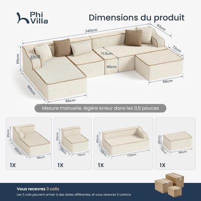 U-Vormige Modulaire Hoekbank met Slaapfunctie 340x165x65 cm – Boneless Cloud Sofa met Corduroy Bekleding, Diepzittend Comfort, 6-Zits, Beige – Abkantoor
