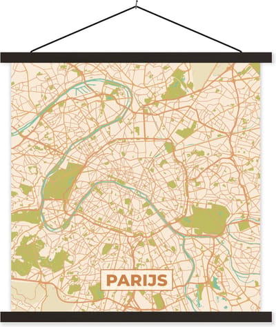 Posterhanger incl. Poster 60x60 cm - Schoolplaat - Parijs - Stadskaart - Vintage - Plattegrond - Kaart - Textielposter - Zwarte latten - Stadskaart