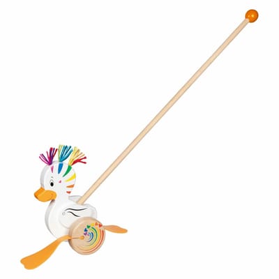 Goki houten duwstok eend - kleurrijk speelgoed voor peuters.