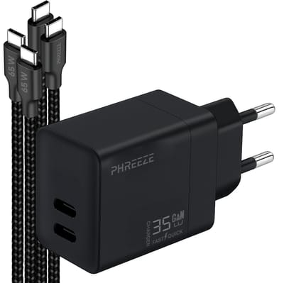 Phreeze usb C adapter 35 W - Dual usb C poorten - Power Delivery GaN oplader met 2 usb C naar usb C kabels 1 m - Laptop oplader usb C - Snellader voor telefoon, tablet, laptop, powerbank, speaker en controller - Twee kabels inbegrepen
