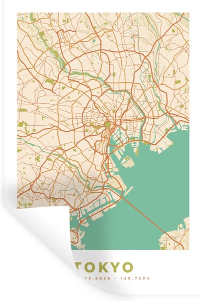 Muurstickers - Sticker Folie - Tokyo - Stadskaart - Vintage - Plattegrond - Kaart - 20x30 cm - Plakfolie - Muurstickers Kinderkamer - Zelfklevend Behang - Zelfklevend behangpapier - Stickerfolie