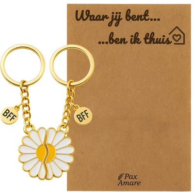 Koppel Sleutelhanger voor 2 'Waar jij bent, ben ik thuis' - Magnetische Bloem - Sleutelhanger set op Cadeau Kaartje - Goudkleurig - Persoonlijke Hanger - Pax Amare