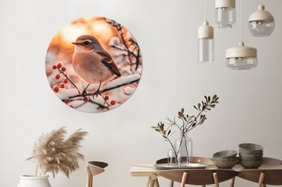 WallCircle - Wandcirkel - Muurcirkel - Vogel - Tak - Winter - Dieren - Sneeuw - Aluminium - Dibond - 90x90 cm - Binnen en Buiten