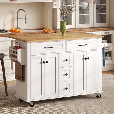 Pugsdrly Multifunctionele keukentrolley met opklapbaar werkblad, uitschuifbaar 120 × 65 cm, met 5 lades, kastjes, kruidenrek en handdoekhouder, op wieltjes – keukeneiland voor de keuken, eetkamer en woonkamer