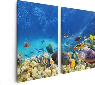 Artaza Canvas Schilderij Tweeluik Vissen in de Oceaan met Koralen - 80x60 - Foto Op Canvas - Canvas Print