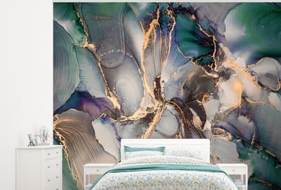 Behang - Fotobehang Goud - Blauw - Marmer - Breedte 300 cm x hoogte 240 cm