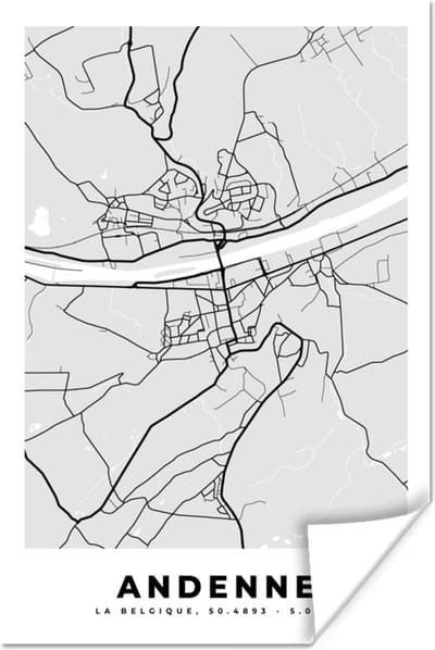 Poster Zwart Wit – België – Plattegrond – Stadskaart – Kaart – Andenne - 120x180 cm XXL