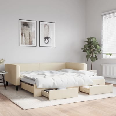 vidaXL - Slaapbank - met - onderschuifbed - en - lades - 100x200 - cm - stof - crème