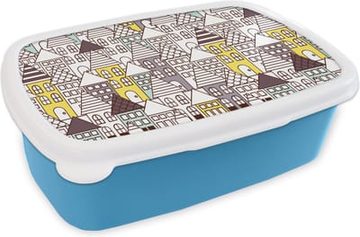 Broodtrommel Blauw - Lunchbox - Brooddoos - Patronen - Huis - Skyline - 18x12x6 cm - Kinderen - Jongen