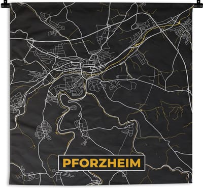 Wandkleed - Wanddoek - Pforzheim - Goud - Plattegrond - Stadskaart - Duitsland - Kaart - 180x180 cm - Wandtapijt