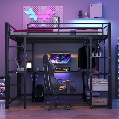 Wishdor Metalen Hoogslaper 140x200 cm – Bureau & Kledingrek & Opbergvakken – Zwart – Compacte Studentenkamer