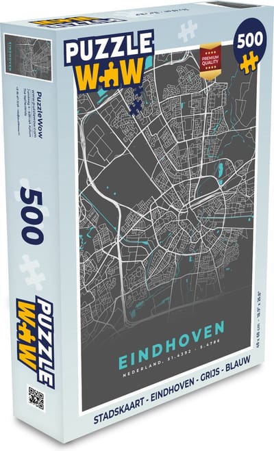 Puzzel Stadskaart - Eindhoven - Grijs - Blauw - Legpuzzel - Puzzel 500 stukjes - Plattegrond