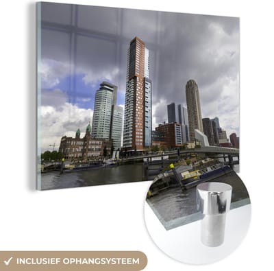 MuchoWow® Glasschilderij 60x40 cm - Schilderij acrylglas - Modern - Architectuur - Rotterdam - Foto op glas - Schilderijen