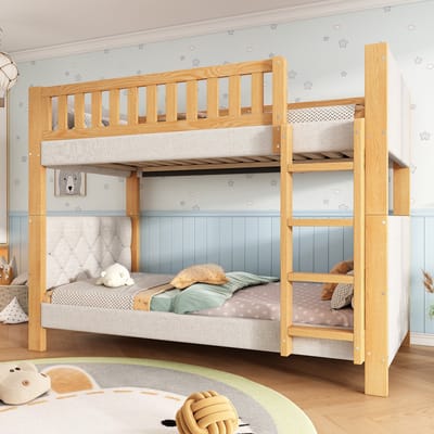 Wishdor Stapelbed - 90x200 cm - Rechte Trap Vier Treden Met Uitvalbeveiliging En Zachte Stootranden - Veilig voor Kinderen - Grijs/Naturel