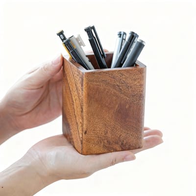 Pennenhouder Hout, Bureau Organizer, Massief Notenhout, Pennenbeker, Vierkant, Pennen, Potloden, Make-up Penselen, Handwerk, Desk Organizer, Kantoor, School, Thuis, Opbergen, 10x8x8cm