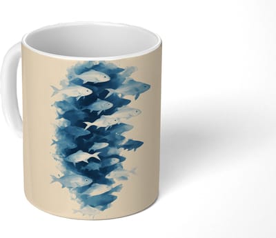 Mok - Koffiemok - Vissen - Minimalistisch - Blauw - Mokken - 350 ML - Beker - Koffiemokken - Theemok