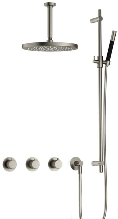 Hotbath Cobber X IBSX70 inbouw regendoucheset met staafhanddouche aan glijstang en 30cm ronde hoofddouche aan 15cm plafondarm geborsteld nikkel